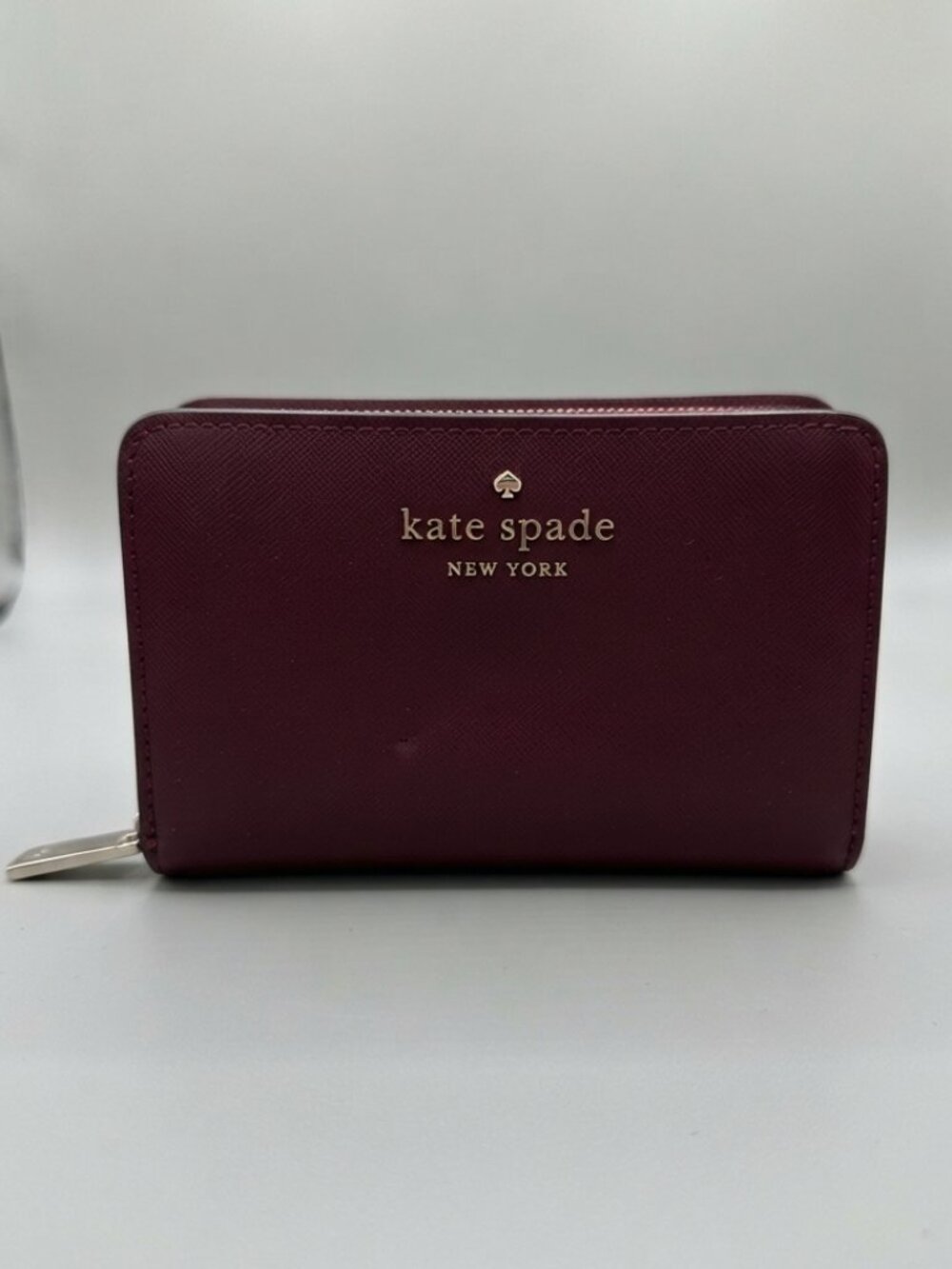 Kate Spade Burgundy Leather Small Wallet Neutral Champagne Hardware GUC